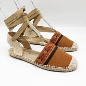 SCHUTZ Suede Lace Up Embroidered Espadrille Flats